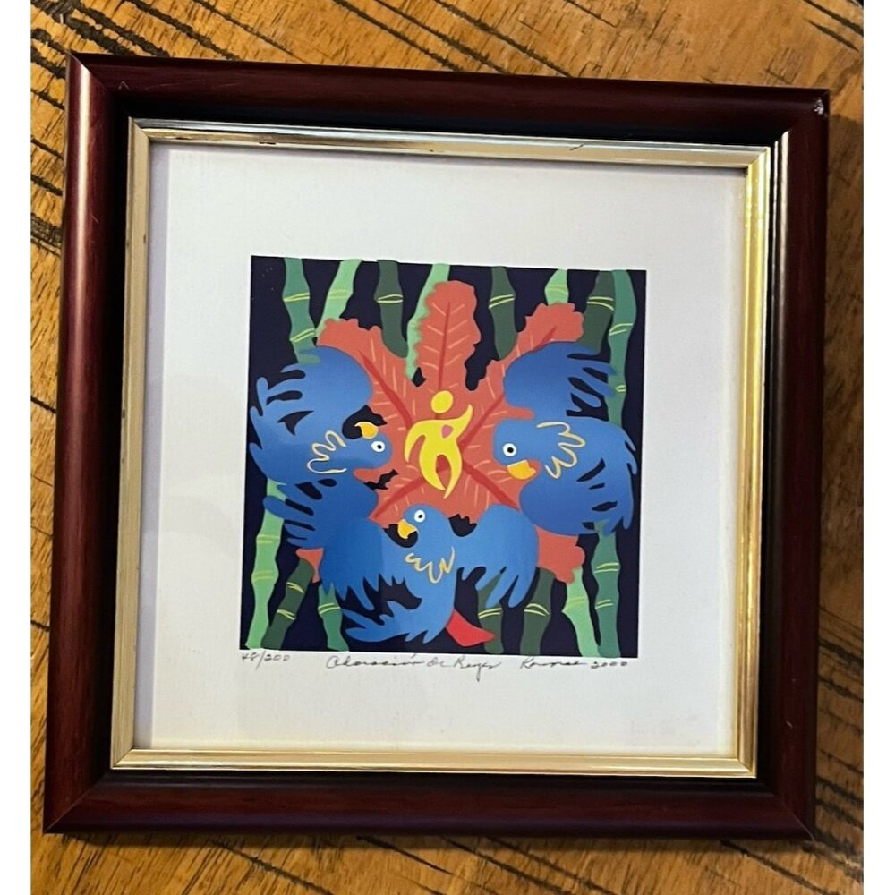 Colorful Signed De Reyes? Serigraph 48/200 Birds Folk Modern Art Framed Square